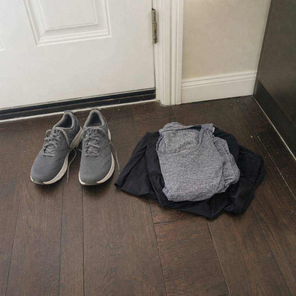 Running shoes and simple clothes laid out by the front door