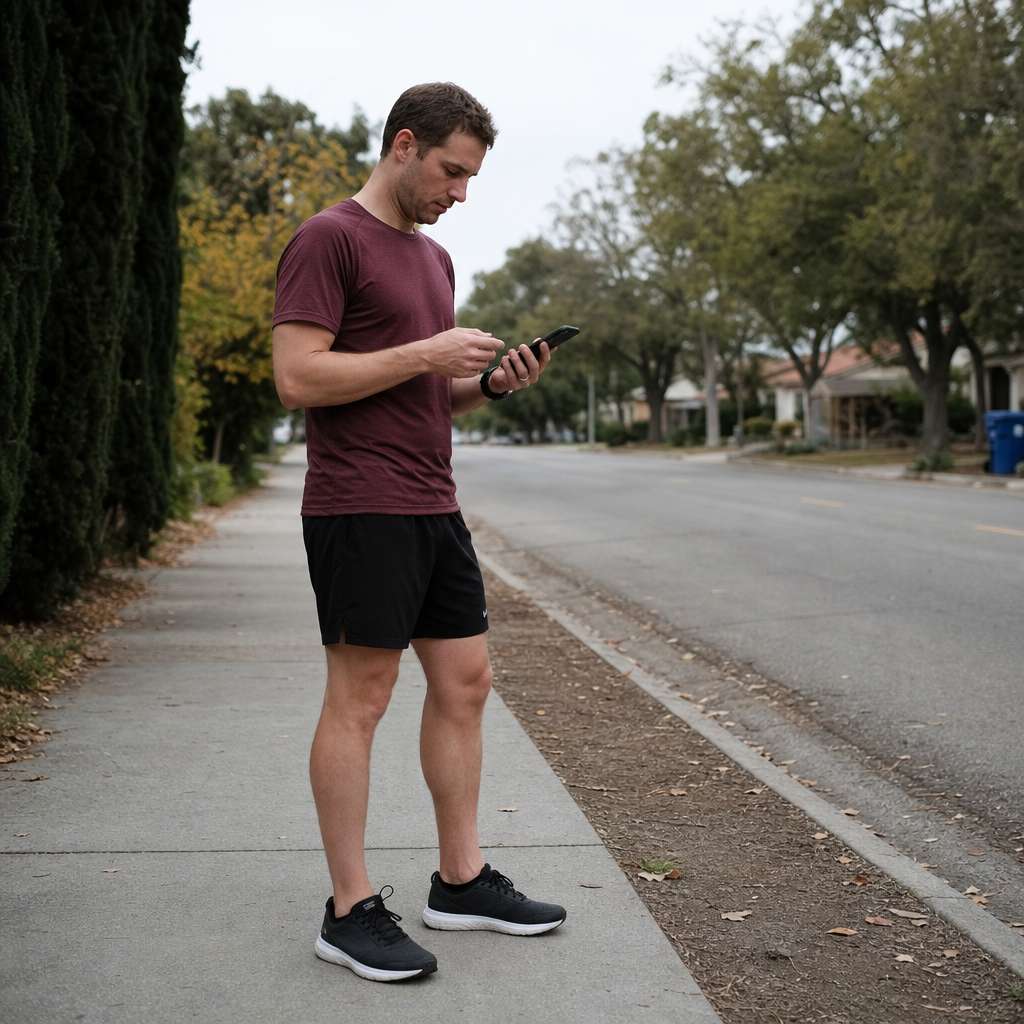 A runner planning a route on a phone map before heading out
