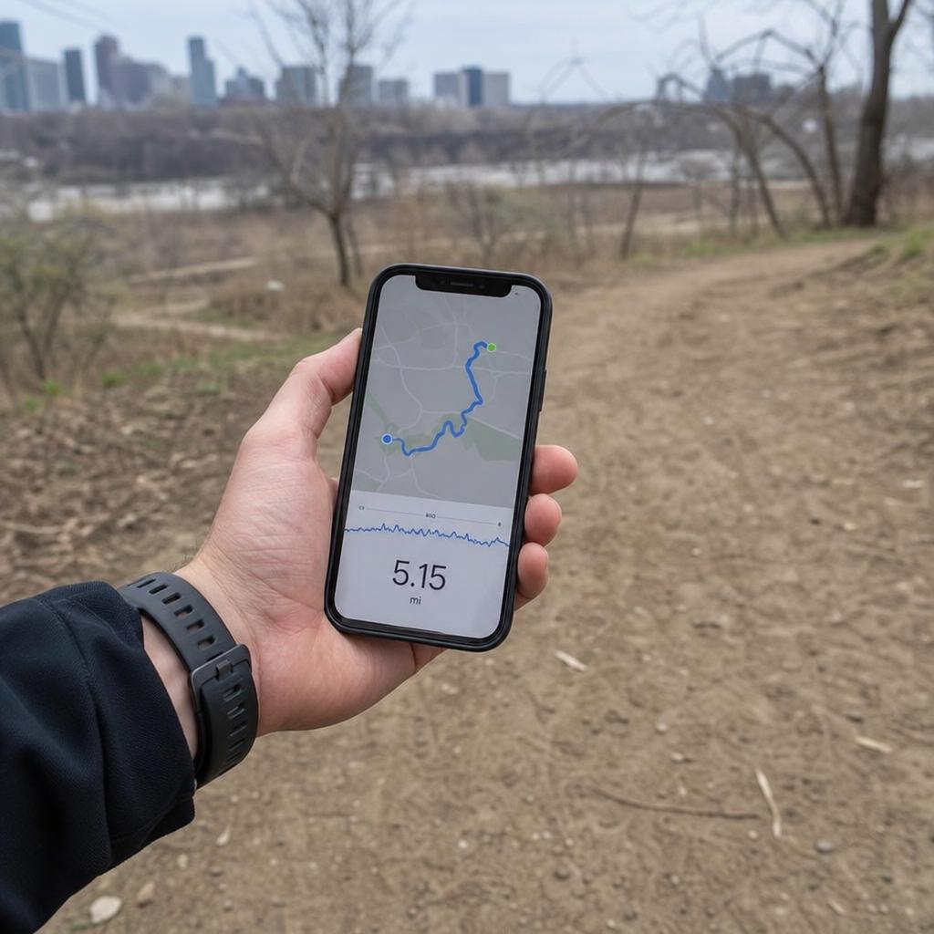 A close view of a phone showing a run-tracking map and stats