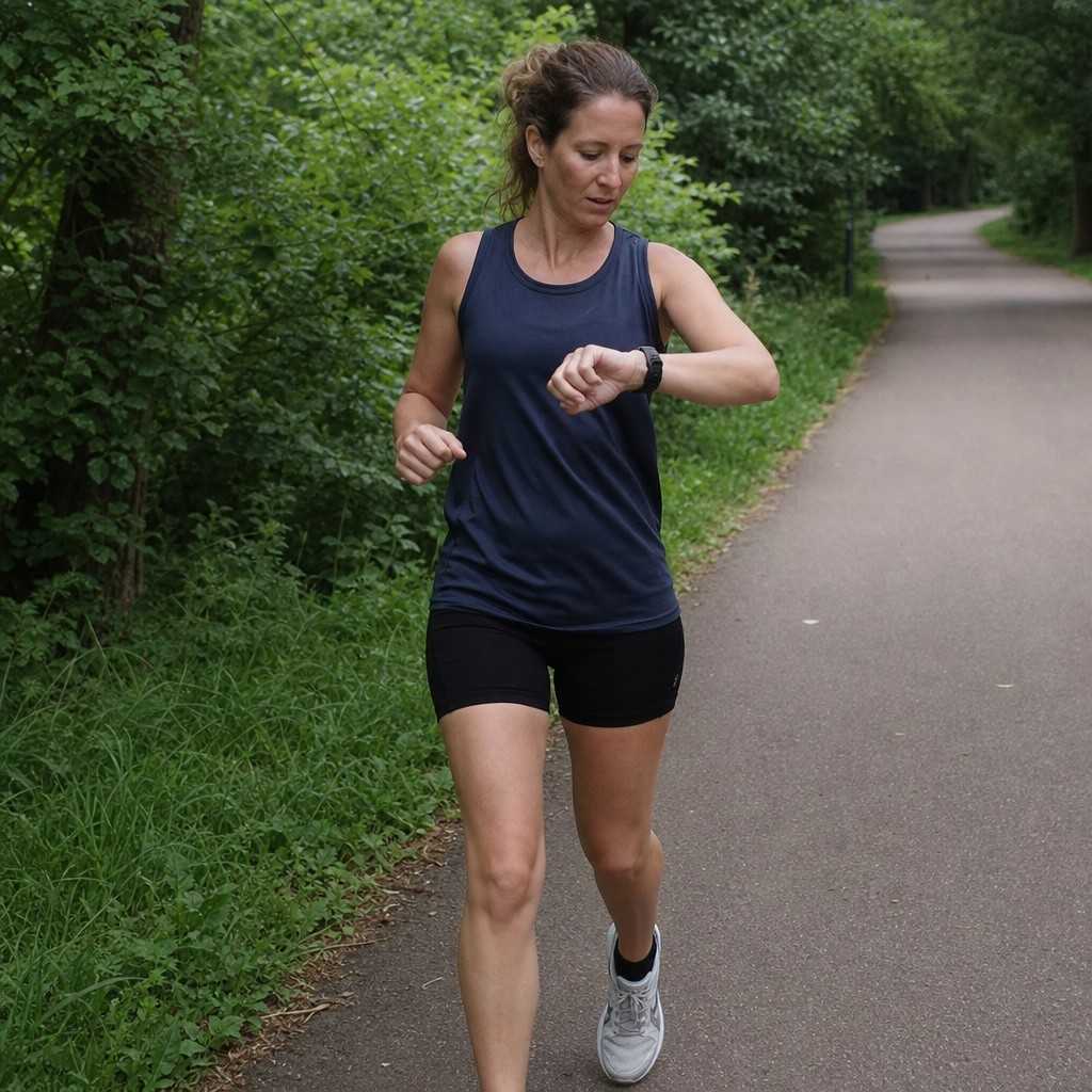 A runner glancing at a simple wristwatch during an easy run on a path