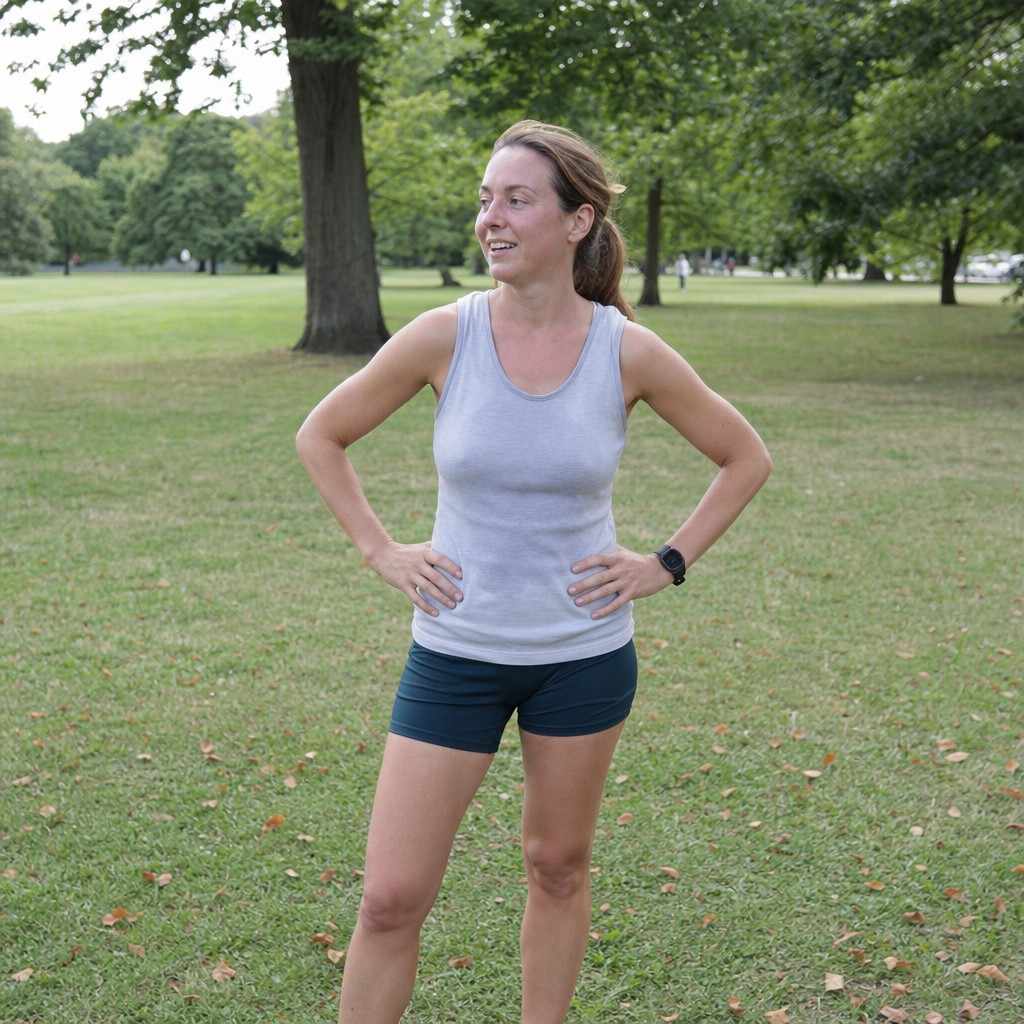 An ordinary adult standing relaxed with hands on hips after finishing a short run in a park