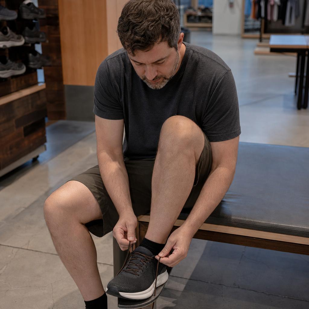 A person trying on and testing running shoes in a store