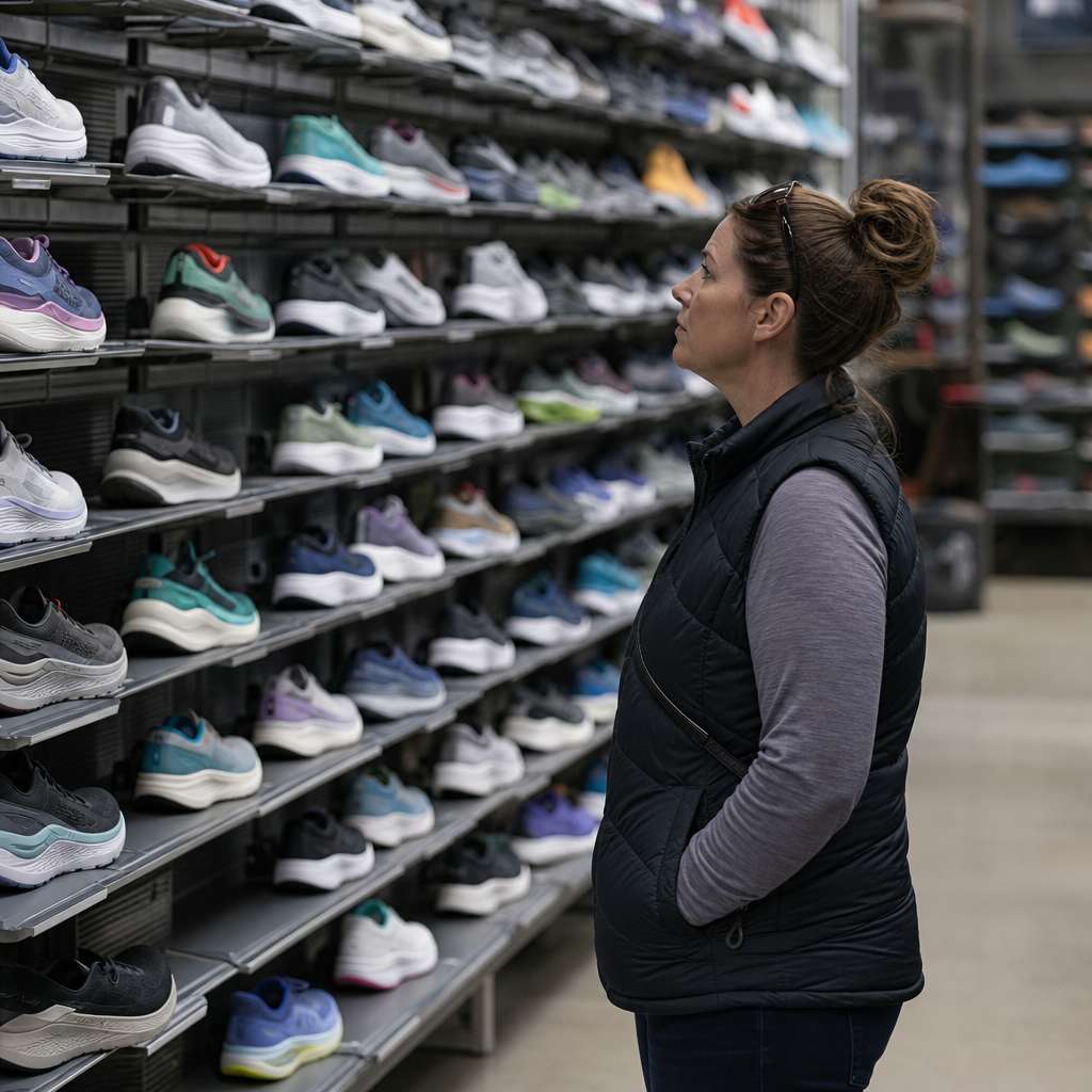 A wall of brightly colored running shoes on a store display