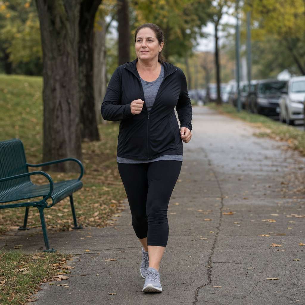 An ordinary woman walking briskly on a neighborhood path before starting to run