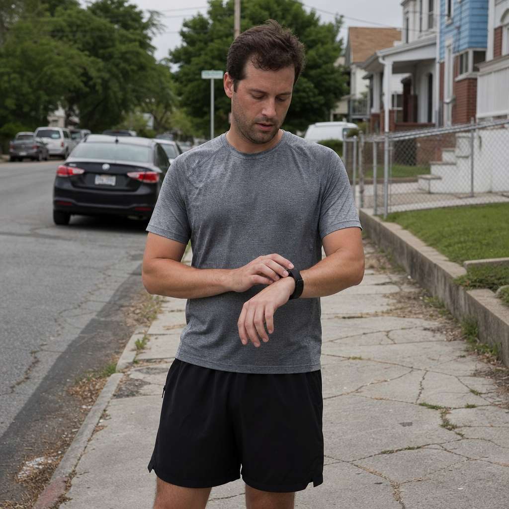 A beginner runner glancing at a basic sports watch during a walk-run break