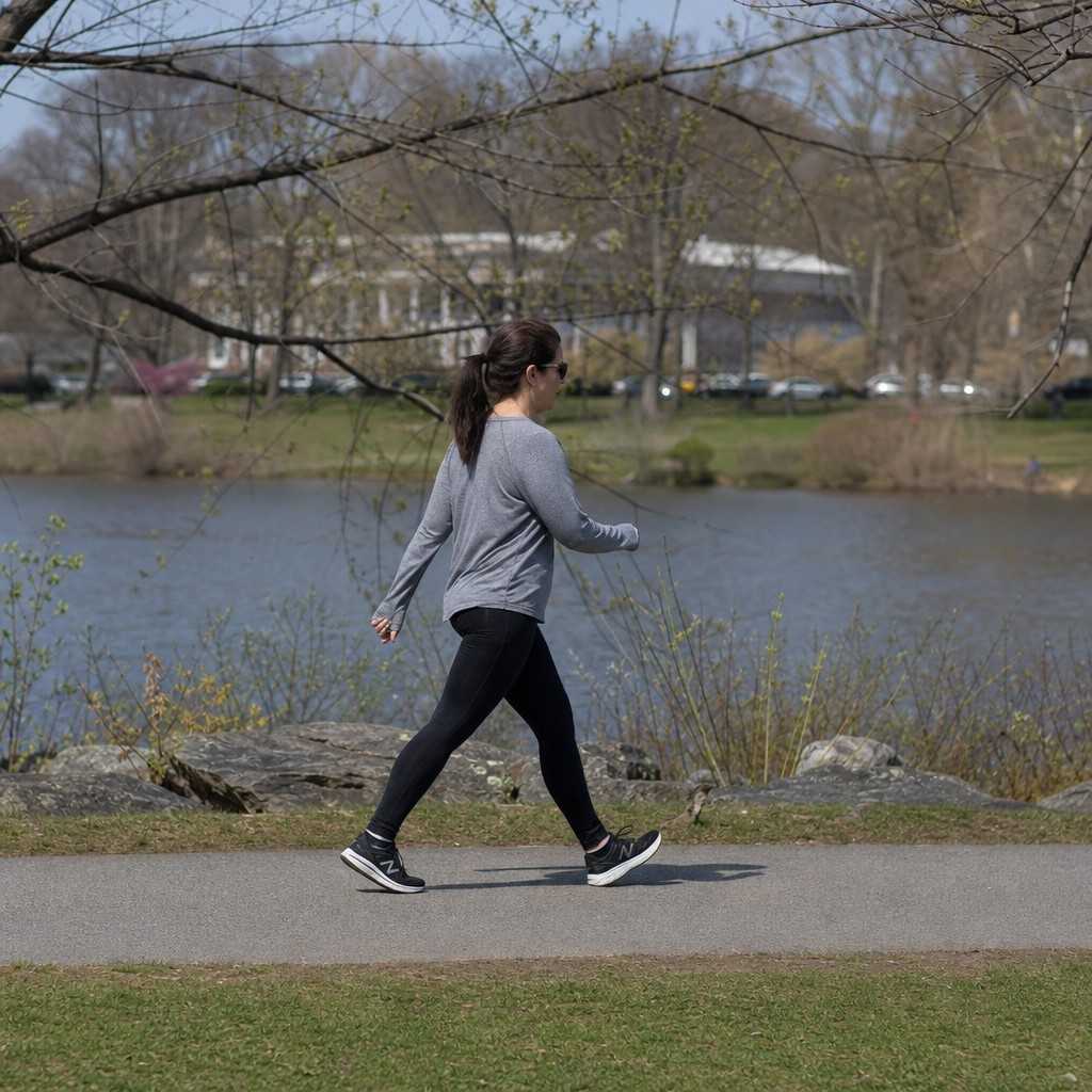 A person walking briskly on a park path as a warm-up before running