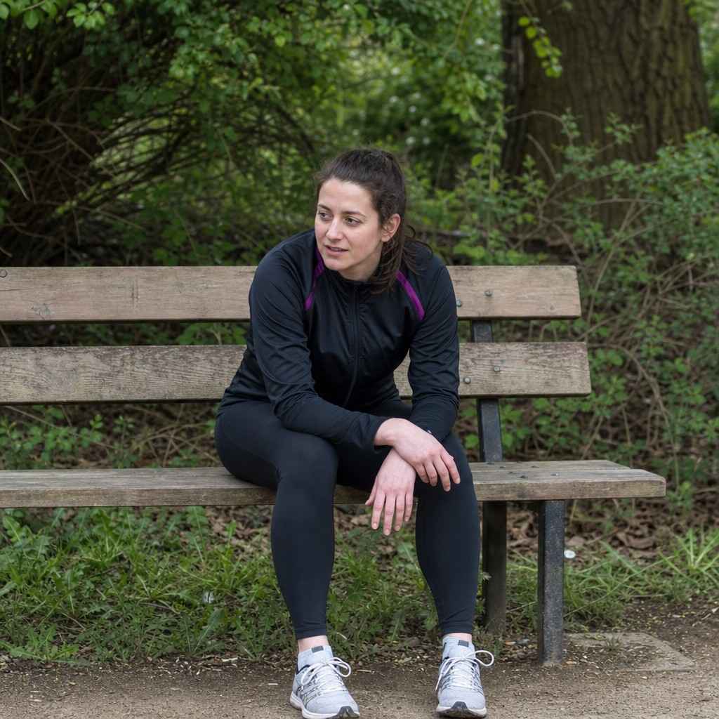 A runner resting on a park bench, one hand resting calmly on the knee
