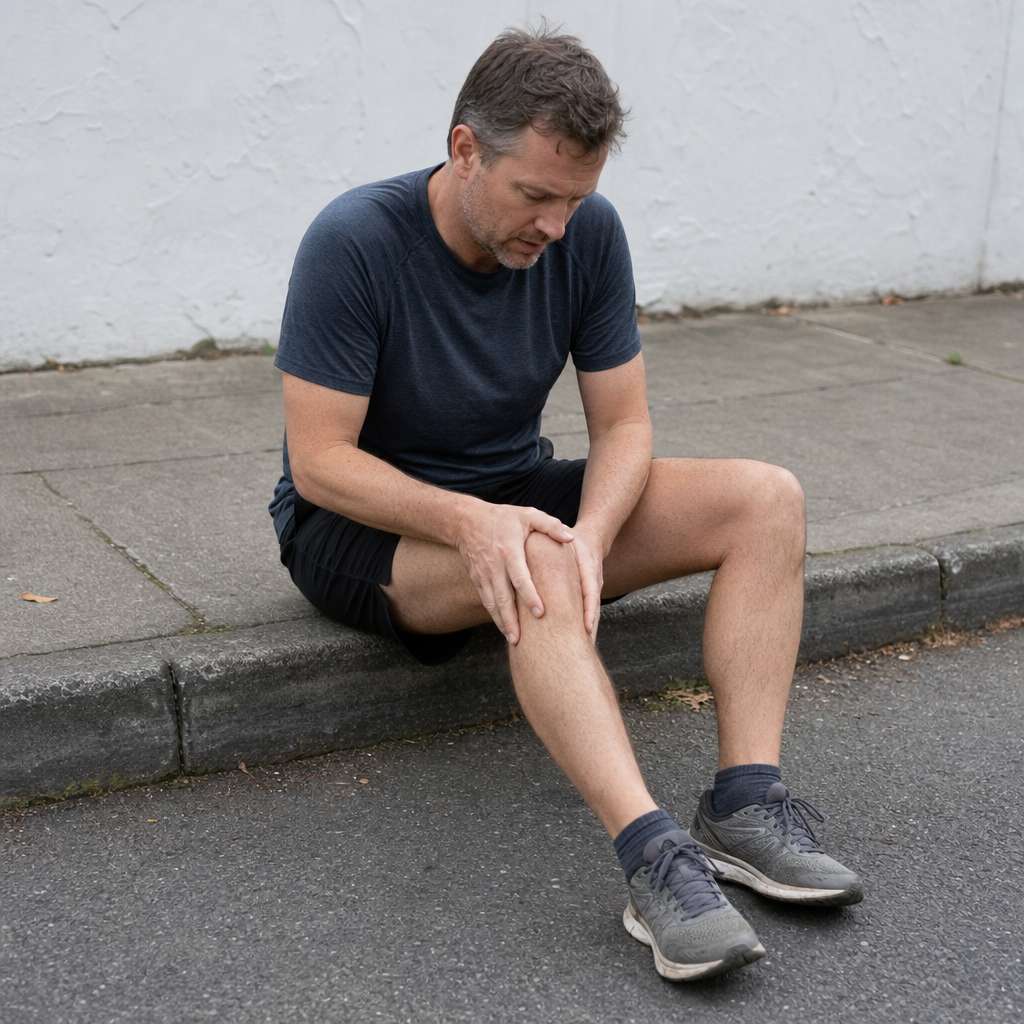 A runner seated on a curb gently holding their knee