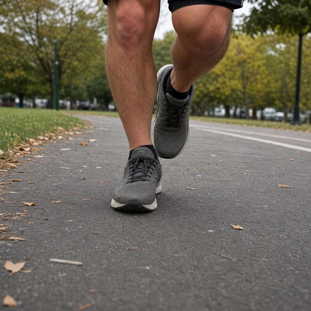 Close view of running shoes mid-stride landing on pavement