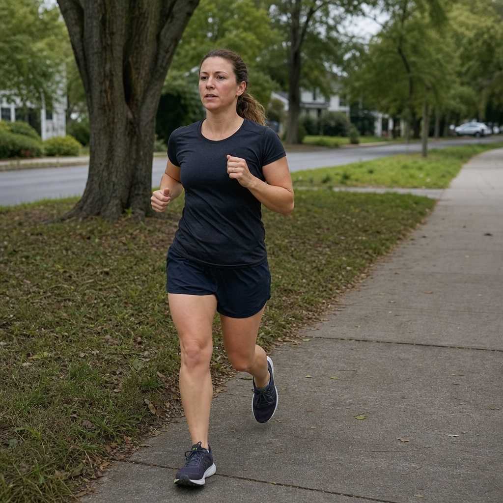 A runner looking ahead down the path with a level head and relaxed posture