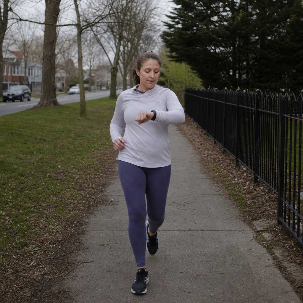 A runner doing a relaxed run-walk on a neighborhood path