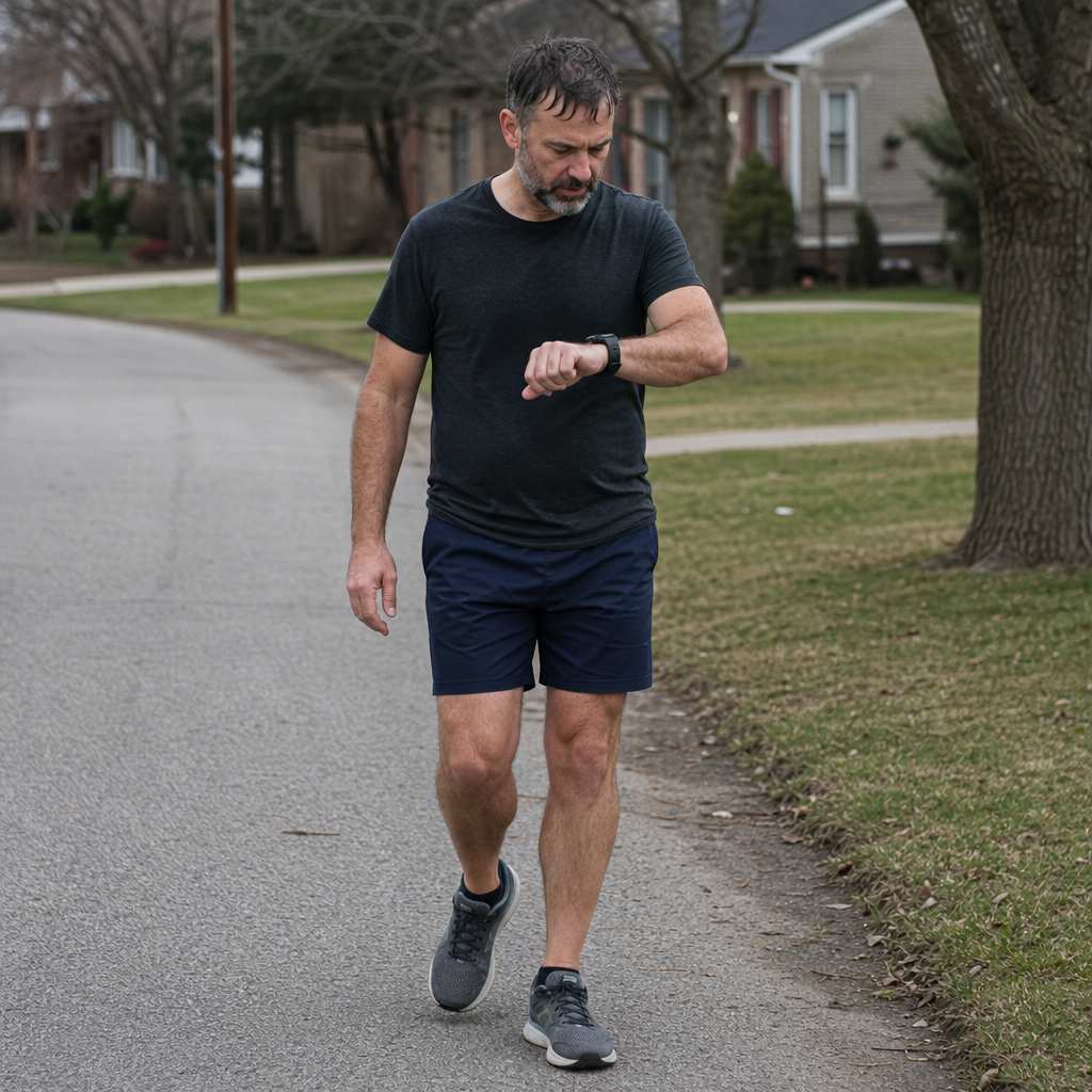 A returning runner glancing at a basic watch during a run-walk