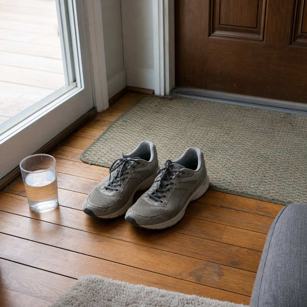 Running shoes set by a door on a rest day
