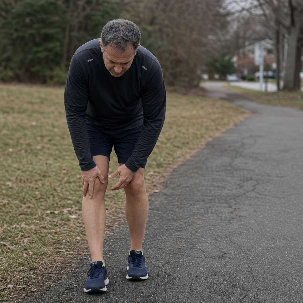 A runner pausing to check a sore knee on the side of a path