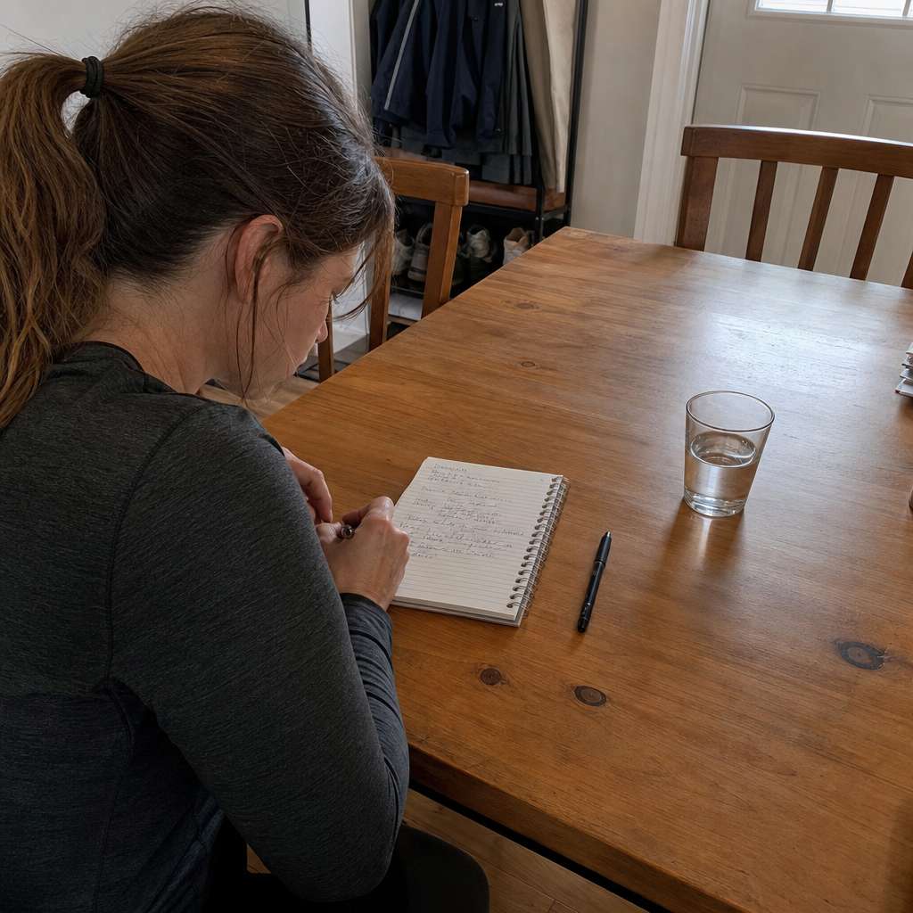 A simple handwritten running log notebook on a kitchen table