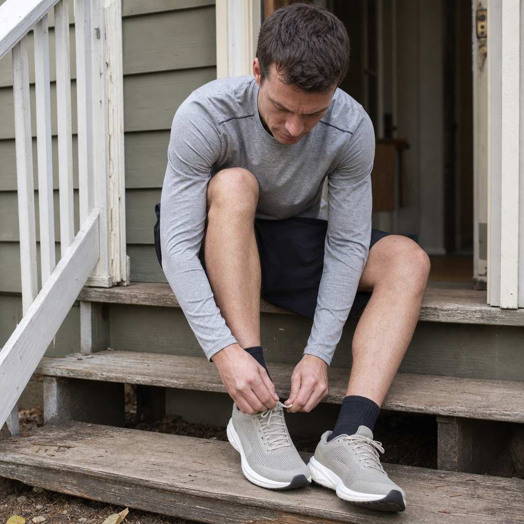 A runner lacing up a plain running shoe on a doorstep before a run