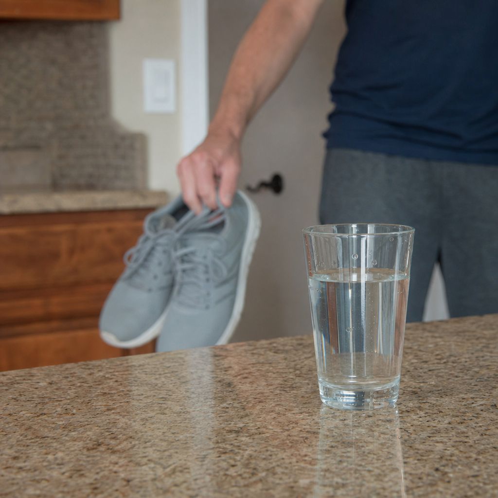 A glass of water on a kitchen counter before a run