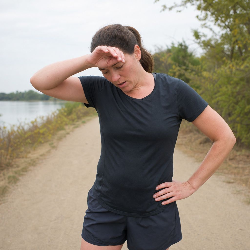 A runner pausing in the heat looking tired and wiping their forehead