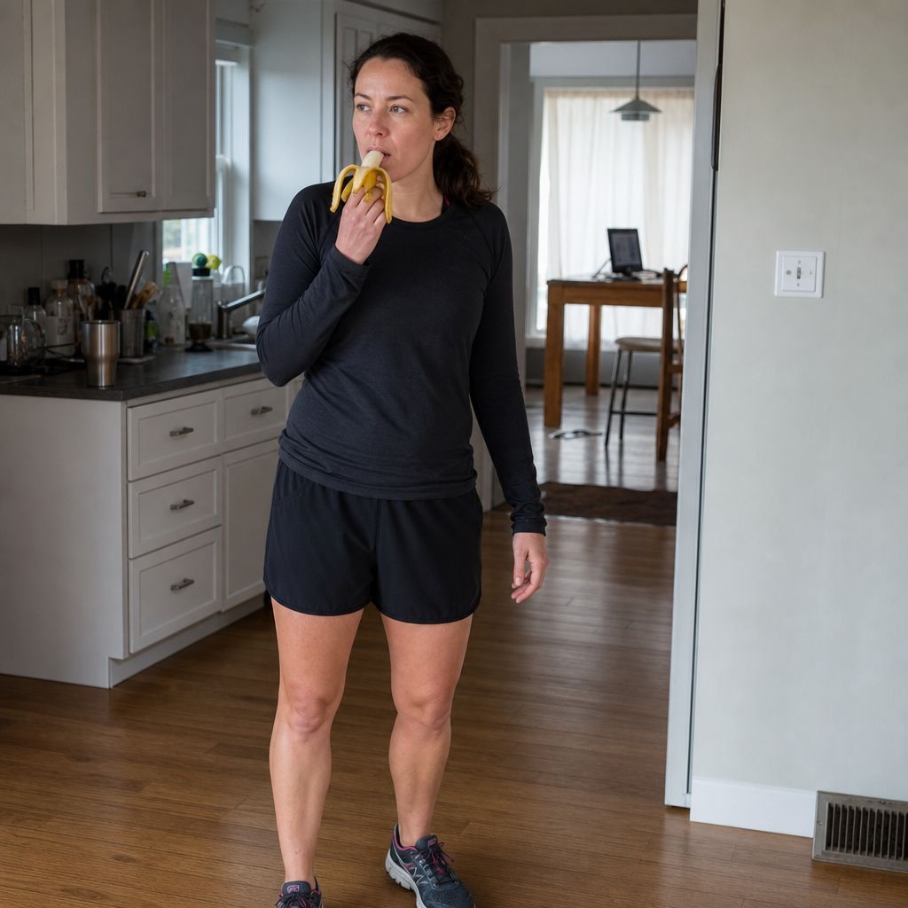 A person eating a banana before heading out for a run