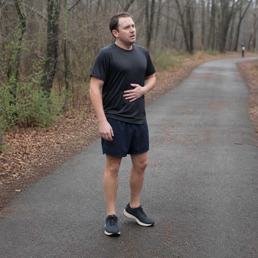 A runner pausing on a path with a hand resting on their stomach