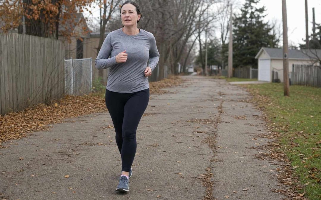 A runner dressed simply for cool weather on a neighborhood path