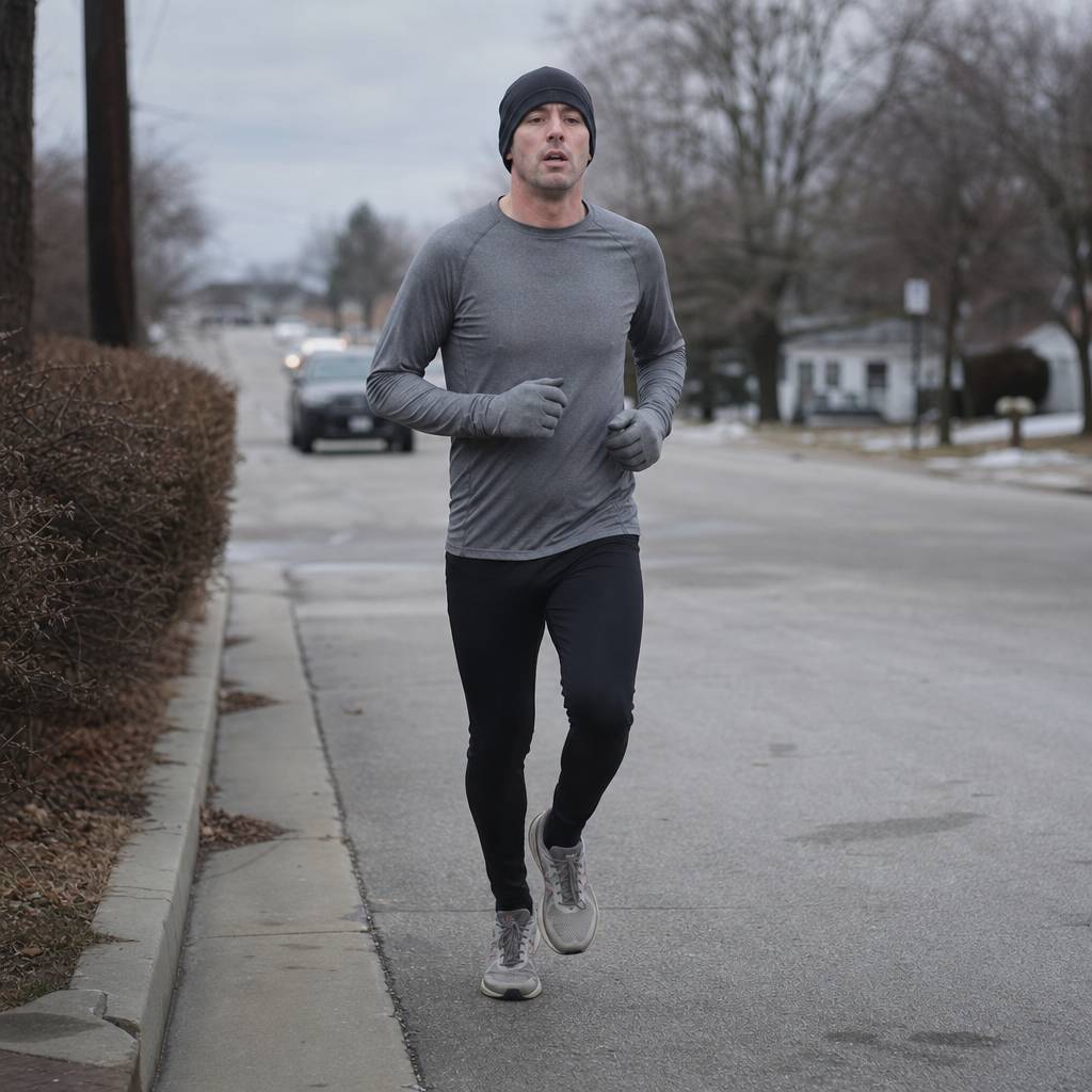 A runner in a base layer and thin hat on a cold morning