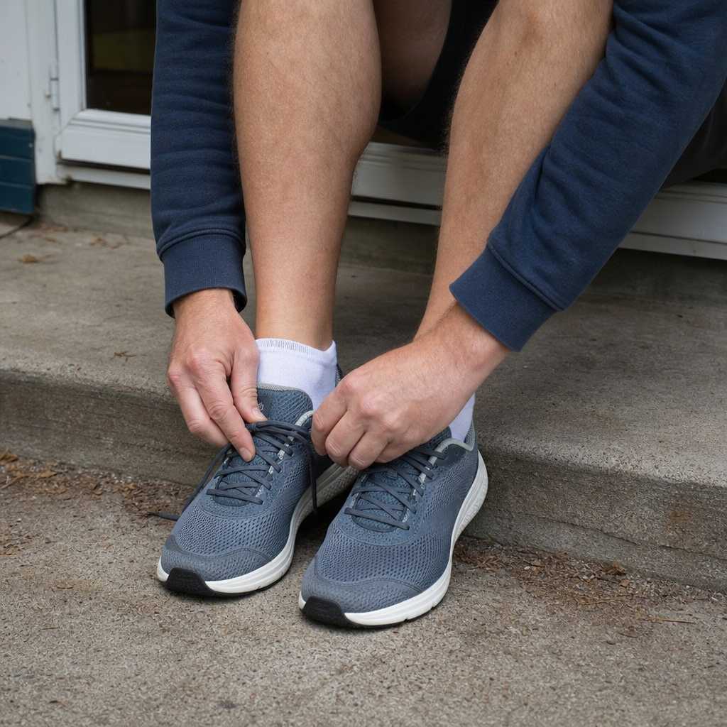 A close view of plain running socks and shoes being put on