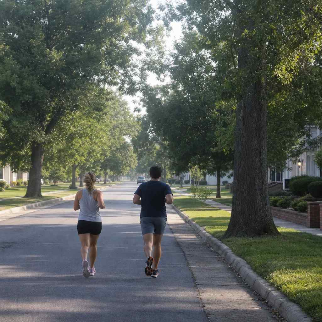 An empty tree-lined suburban street very early on a summer morning