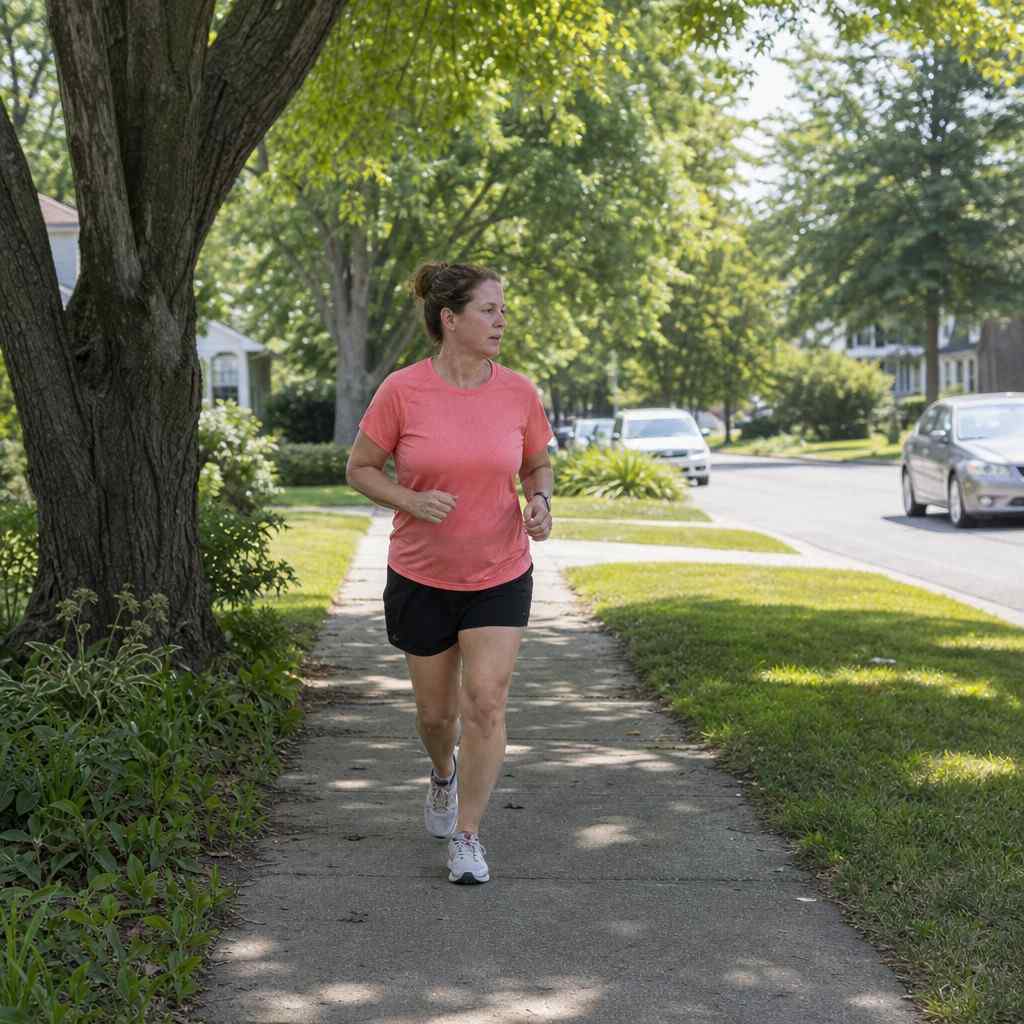 A runner on a shaded neighborhood sidewalk under mature trees