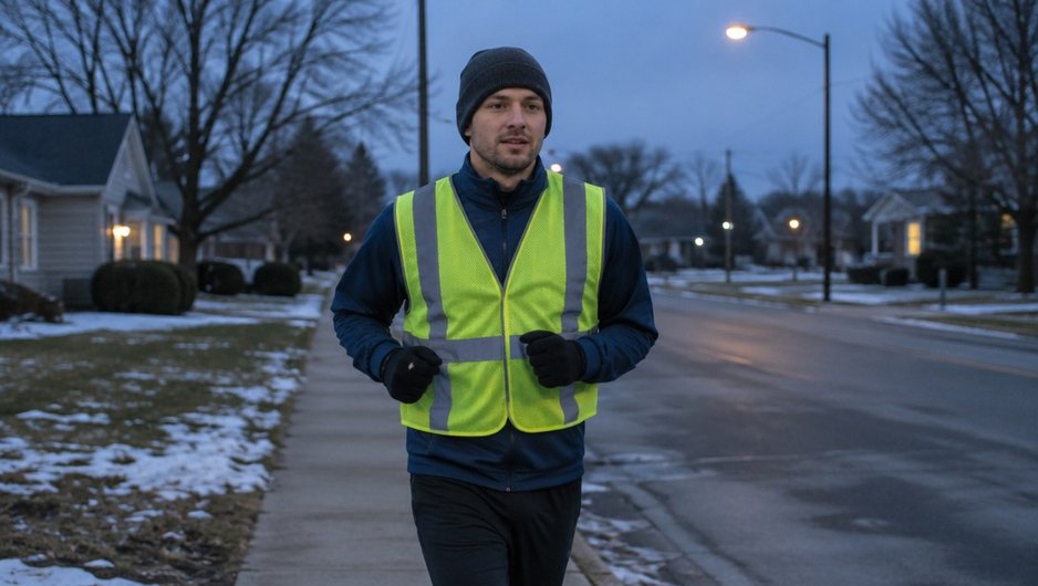A runner in a reflective vest on a lit neighborhood street at dusk in winter