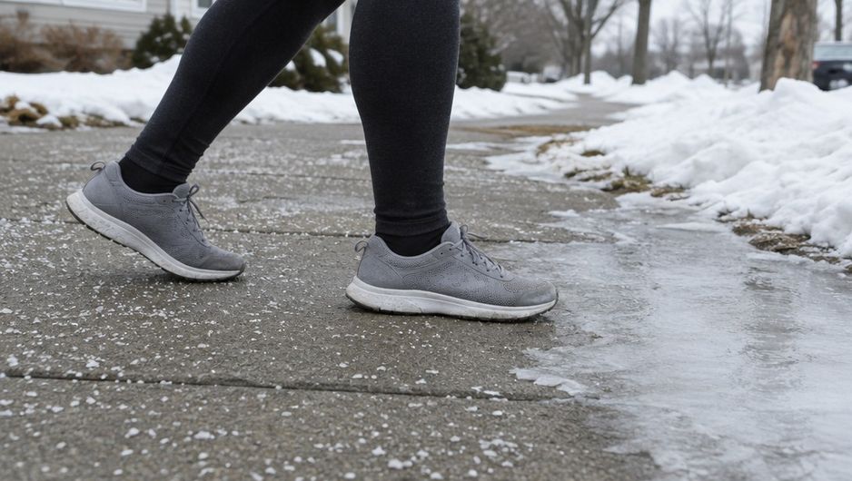 Running shoes taking short steps past a patch of ice on a salted sidewalk