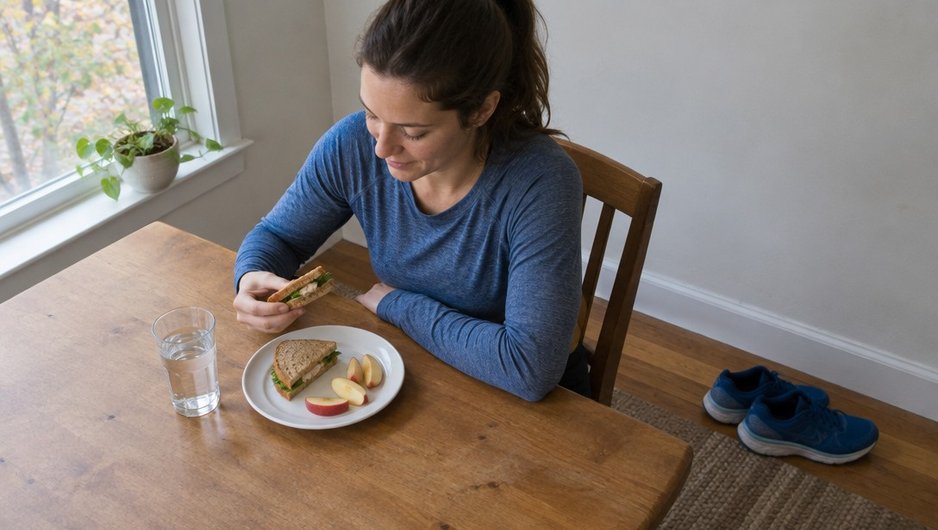 A runner eating a small lunch at a kitchen table, her running shoes waiting on the floor