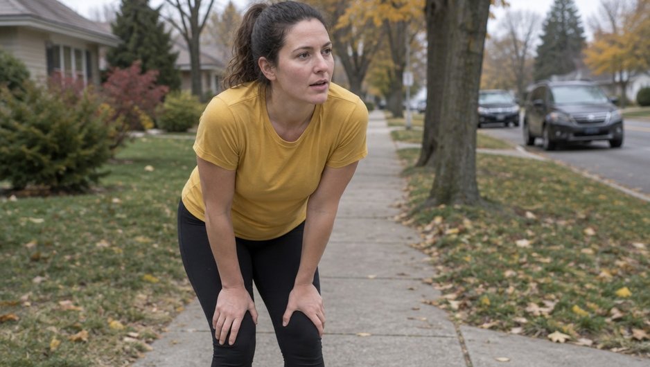 A runner on a neighborhood sidewalk leaning forward slightly with hands on knees, catching her breath